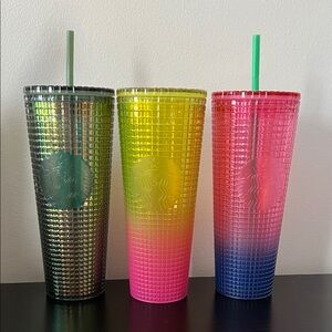 Starbucks Gradient Grid Tumblers 24oz Cold Cups straws - Irridescent Ombré
